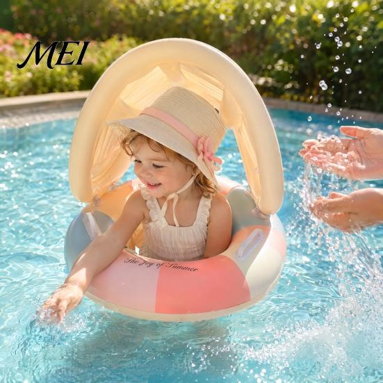 Schwimmring mit Verdeck Baby-Poolschwimmer Verdeck, Vintage Gestreifter Aufblasbarer Schwimm-Sicherheits-Kleinkindersitz & Griff, Sonnenschutz für