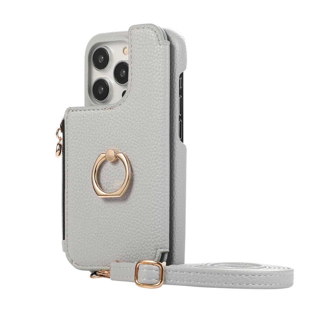 Ring Holder Crossbody Zipper Cards Solt Wallet Leather Case For iPhone 15 Pro Max 14 Plus 13 12 11 SE 2022 Makeup Mirror Cover