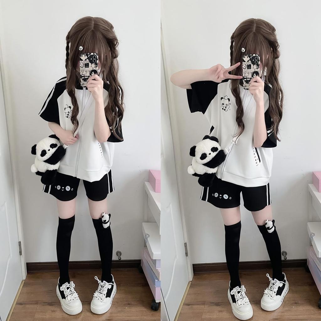 ZYOOFOV and Hoodie Short Subculture Panda Harajuku Plus School Style Women's Tracksuit, Pants, Shorts, Set, Sleeve, Unisex, Style, Zip-Up, Cute,