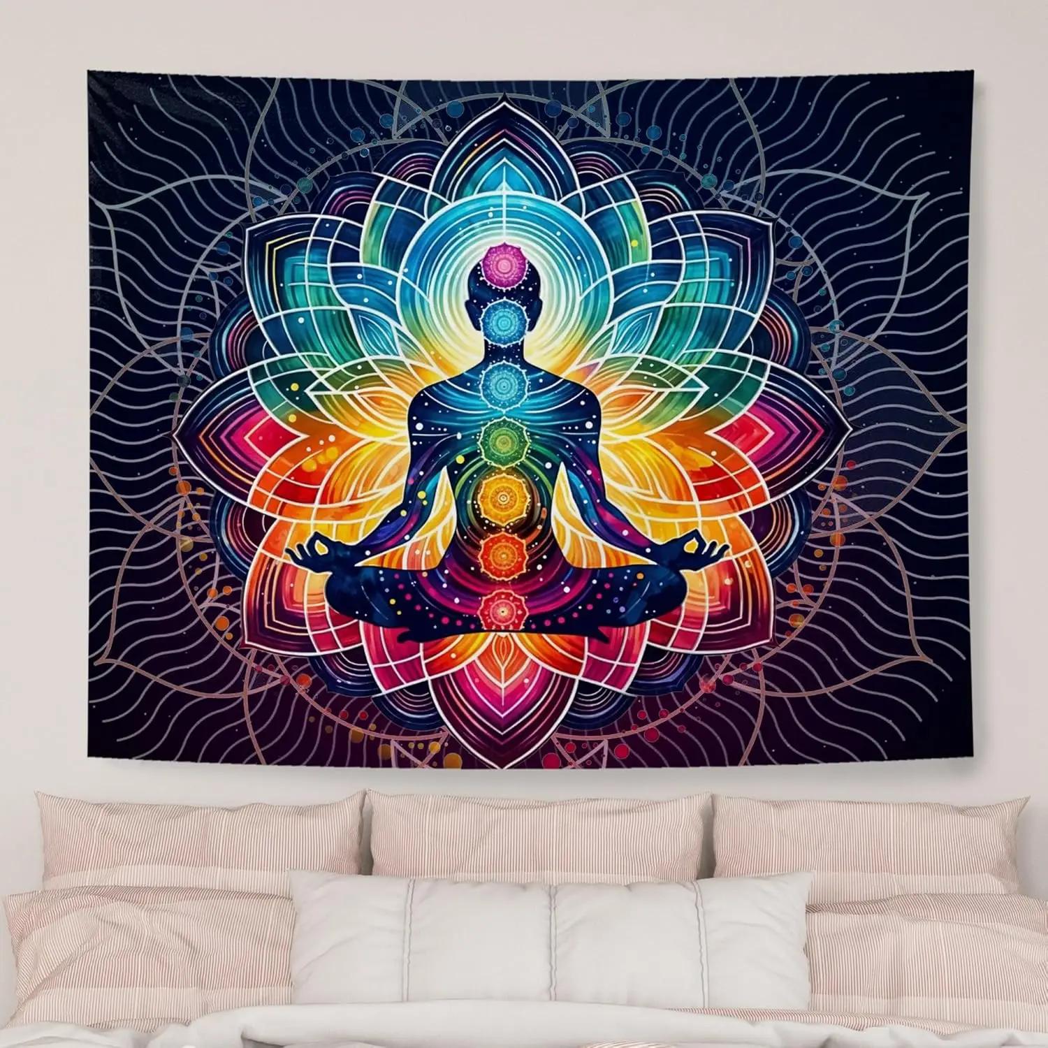 VIKAMA Rainbow Chakra Tapestry Zen Yoga Meditation Spiritual Wall Hanging Decor Mandala Indian Hippie Chakra Wall Hanging 74x94cm(29x37in)