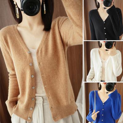 Spring Summer Knitting Cardigan V-Neck Long Sleeve Ribbed Cuffs Sweater Solid Color Single Breasted Stretchy