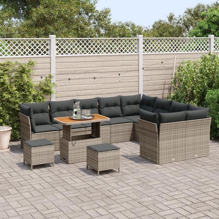 Ensemble de canapé de jardin de 12 pièces avec coussins gris poly rattan, Ensemble de salle à manger de jardin de 3 pièces 3363478