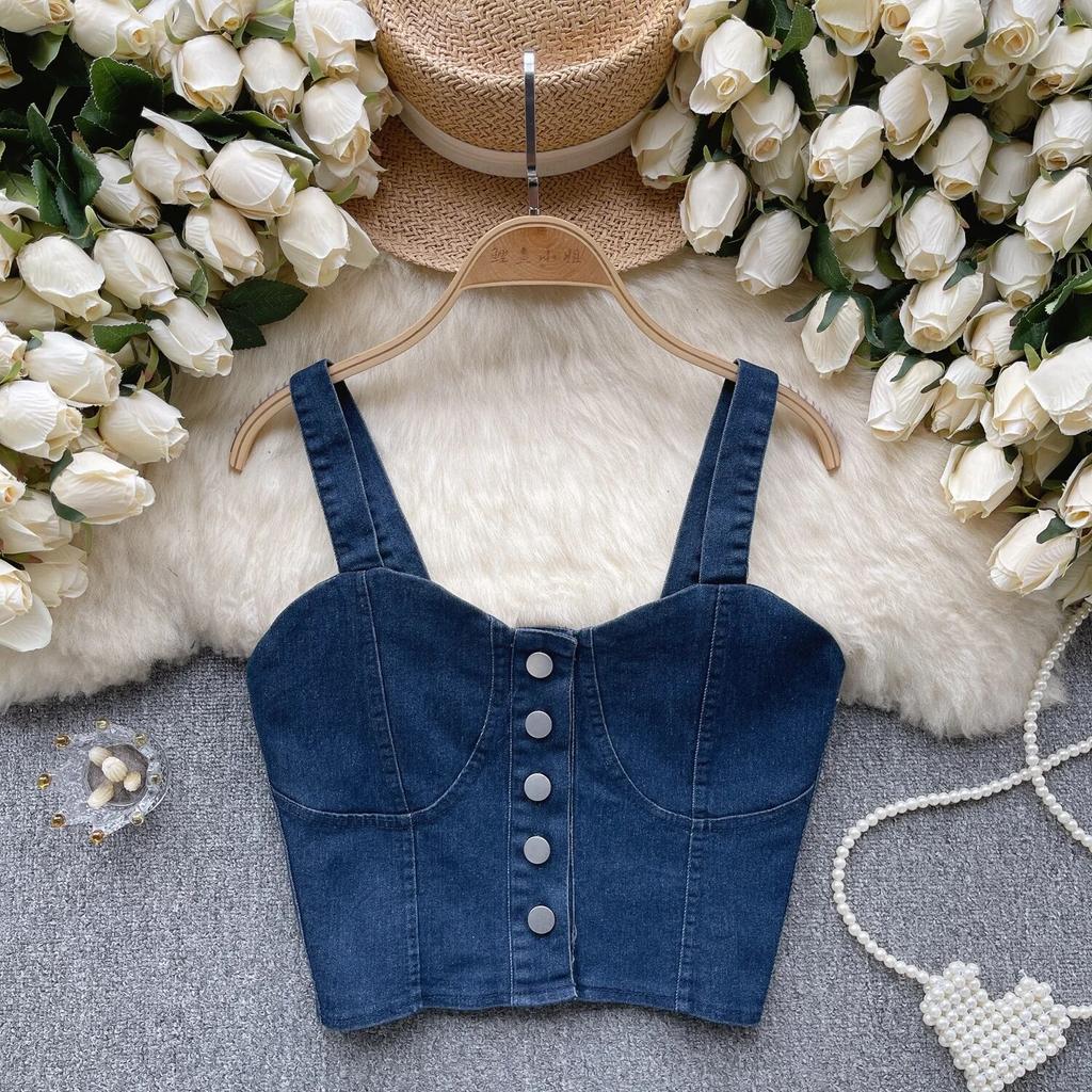 Hongkongský styl Retro Džínový top Dámský Design Jednořadé Slim fit Krátký Pupík Sexy Gyaru Sle Cami Móda