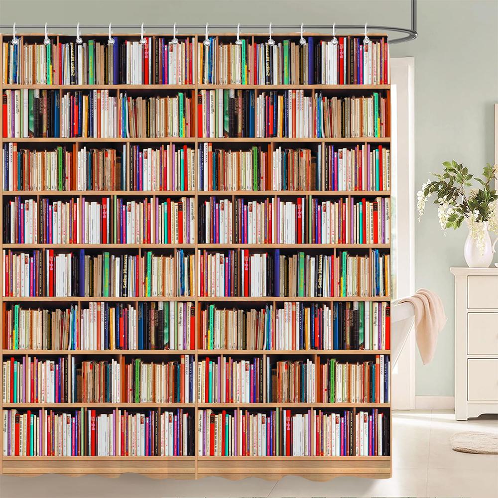 Tenda da Doccia Stampata a Forma di Libreria in Stile Retrò, Tenda da Bagno in Tessuto Poliestere, Tende per la Decorazione della Casa con Ganci