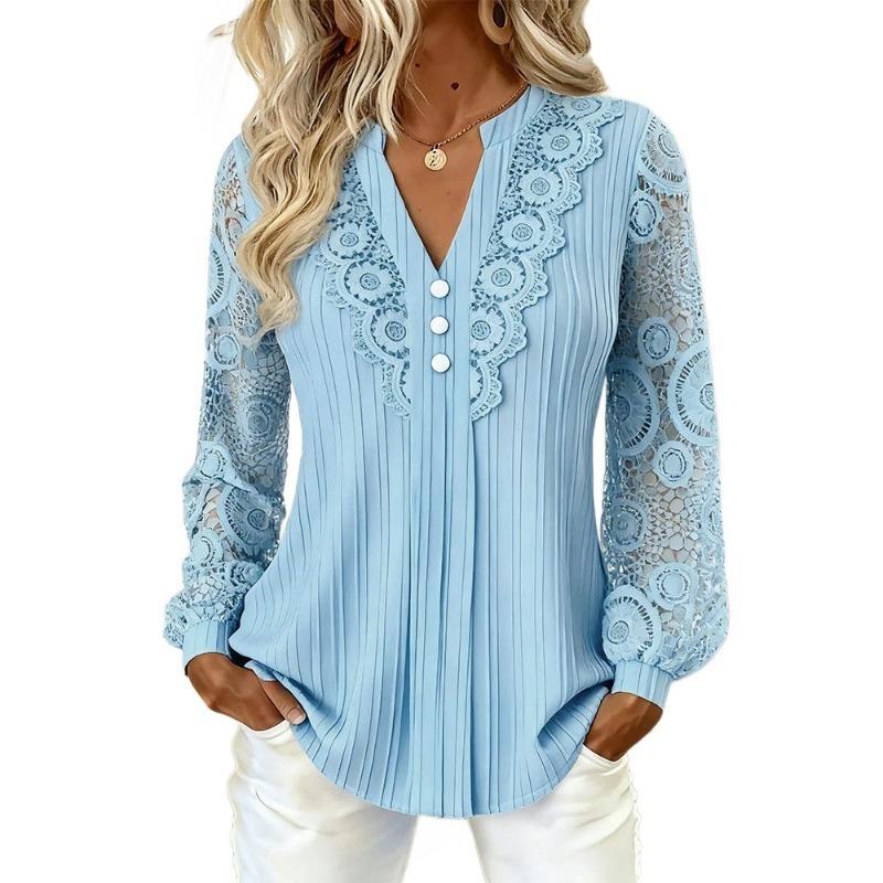 Women S V Neck Long Sleeve Lace Spliced Solid Color Blouse