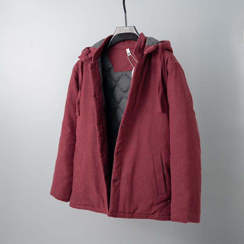 

Men s Winter Retro Thick Ramie Cotton-Linen Hooded Jacket 2XL [161-180 lbs] вина червоного кольору