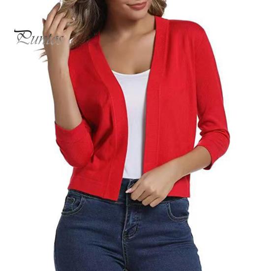 Women Knitting Cardigan Collarless 3/4 Sleeve Short Knitting Jacket Solid Color Open Stitching Knitted Outerwear
