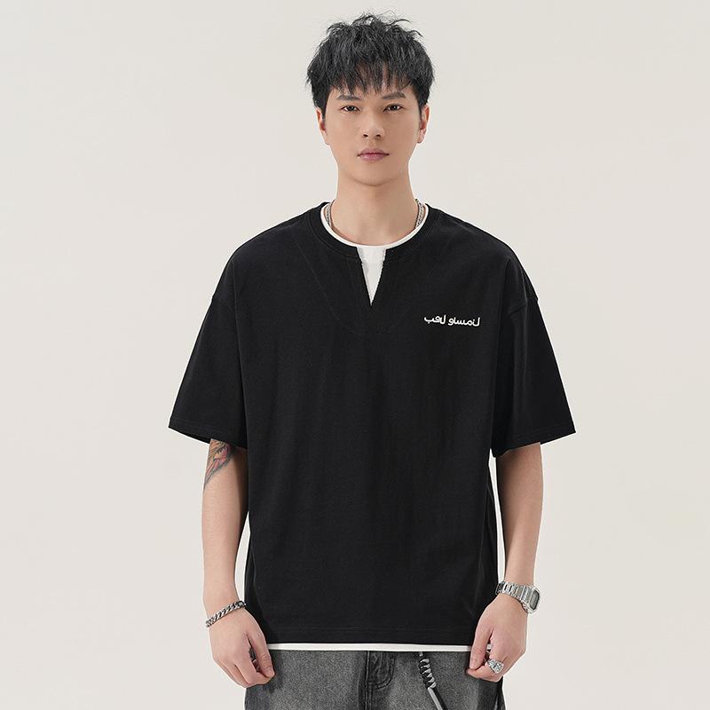 

Fake Two-piece V-neck Design T-shirt Top American Double Yarn Sliding 240g Short-sleeved Casual Top 4XL