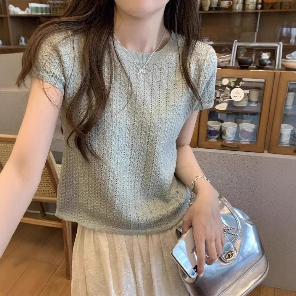 Korean Style Twist Hollow Knitted Short Sleeve Women's Spring/Summer 2025 Top