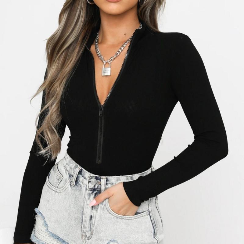European and American Autumn and Winter Women's Long Sleeved Standing Neck Zippered Slim Fit Jumpsuit