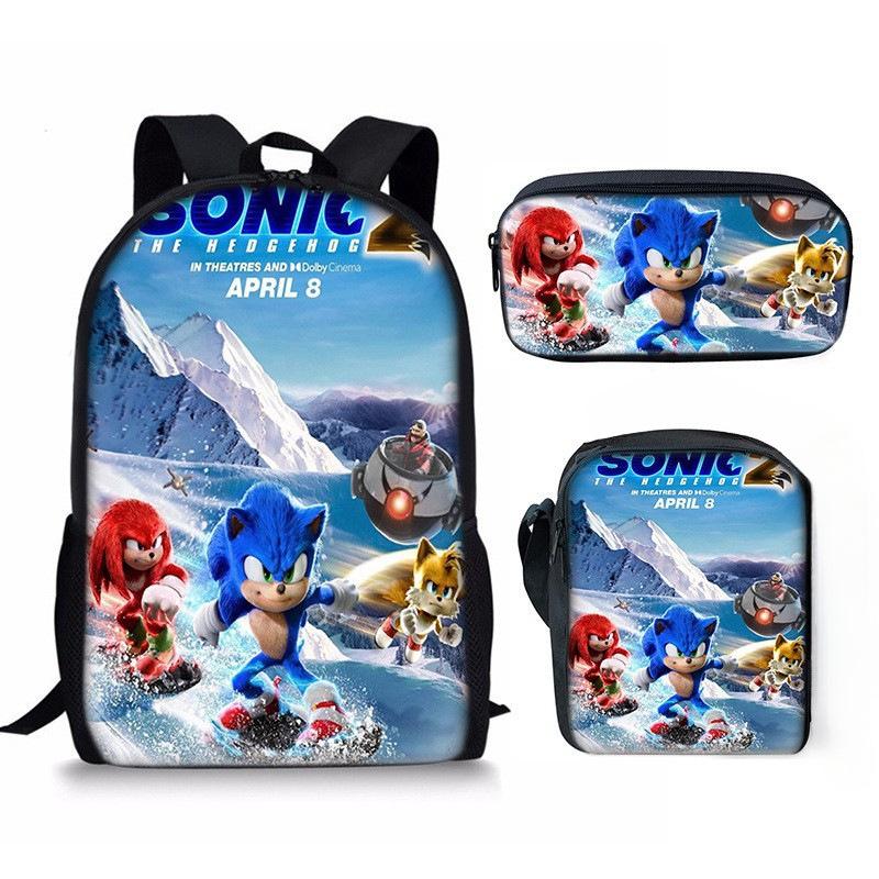 Sonic Sonic Primary School Bag Three-Piece Set, Animation Cartoon Backpack, Shoulder Bag Pencil Case