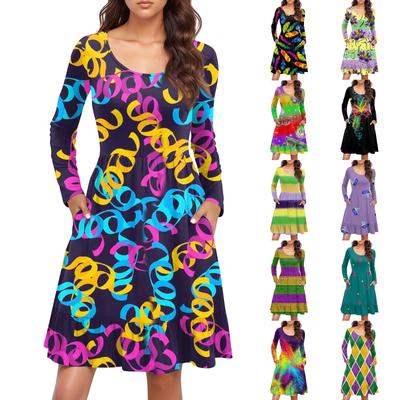 Women's  Casual Round Neck Long Sleeved Dress Carnival Print Loose Waist Pleated Dress