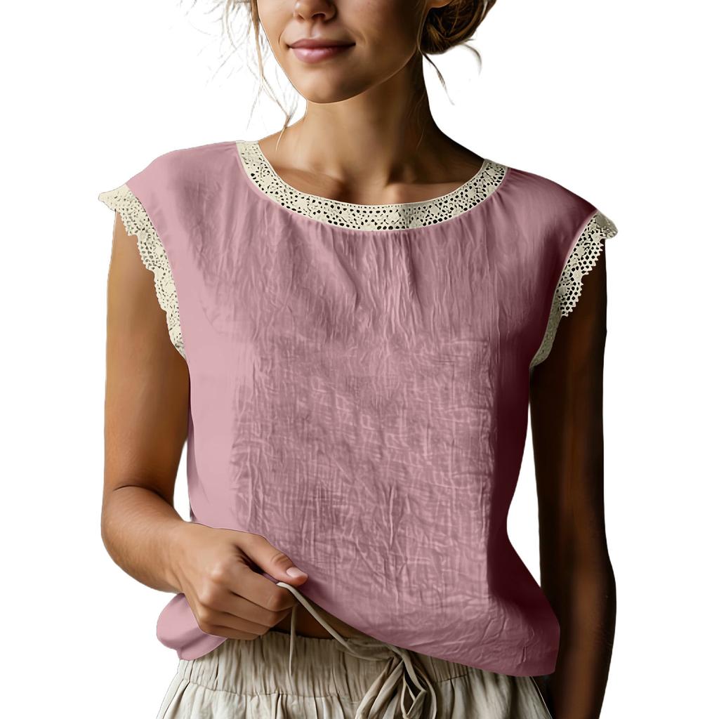 Haut d'été sans manches en lin pour femme, style rétro ample, patchwork de dentelle de couleur, col rond