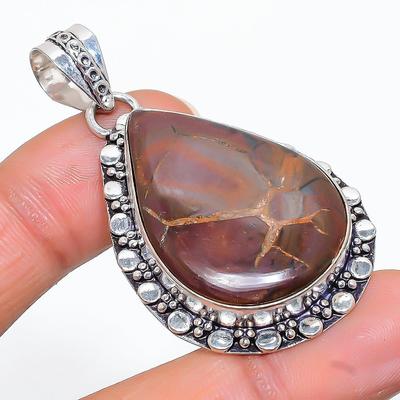 Pendentif Fissure de Boue Naturelle Fossile Fait Main Argent Sterling 925 2,05" J6Q48