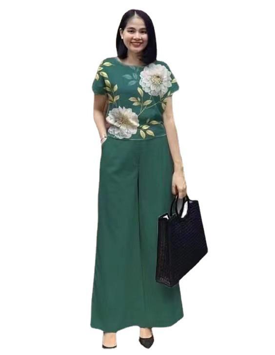 Women's Summer Fashion 2023: Solid Color Loose Two-Piece Set with Short-Sleeve Top and Printed Trousers (Plus Size Available)