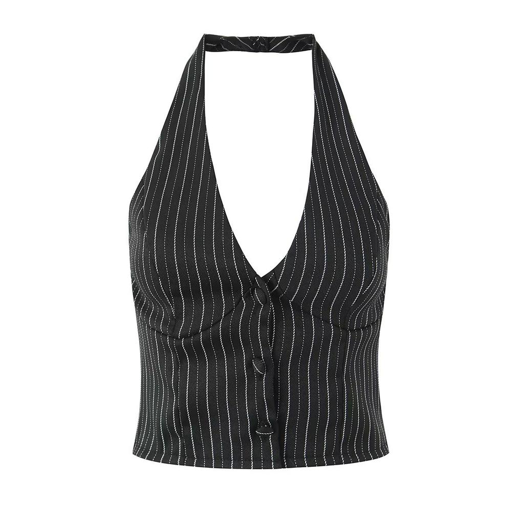 European and American style, new women's clothing, fashionable single-breasted neck vest striped cake skirt