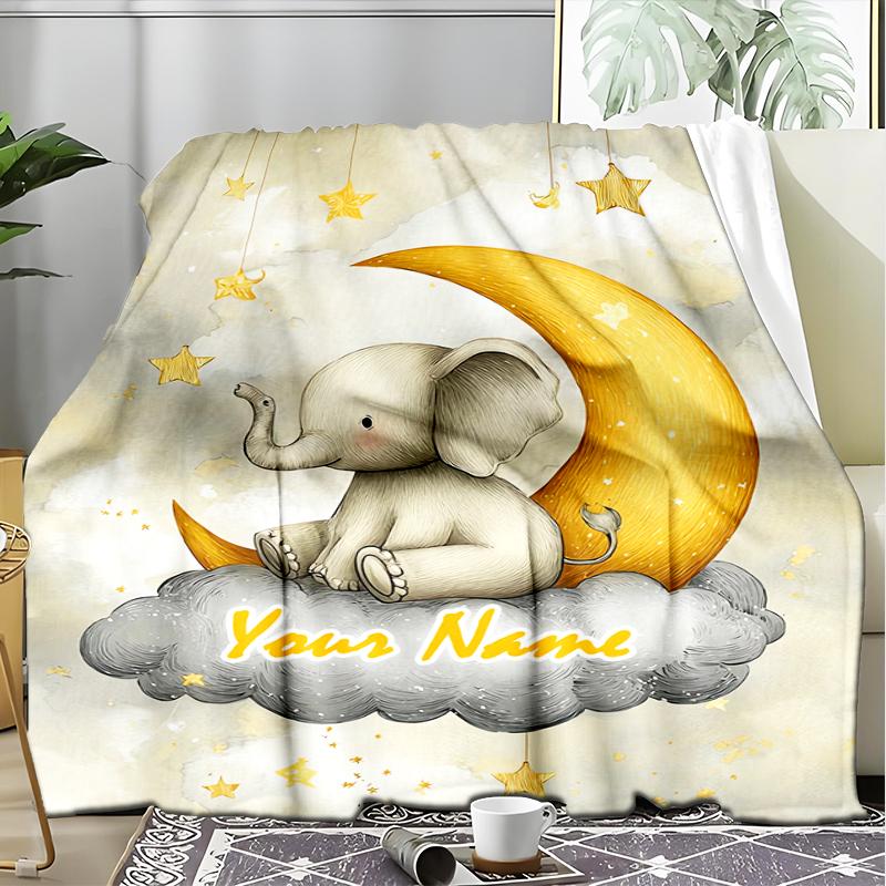 1PC Custom Name Elegant Elephant Moon Night outdooor Flannel blankets Throw Blanket All-Season Throw Gift Bedspread for Couch, Bed, Camping Holiday Bi