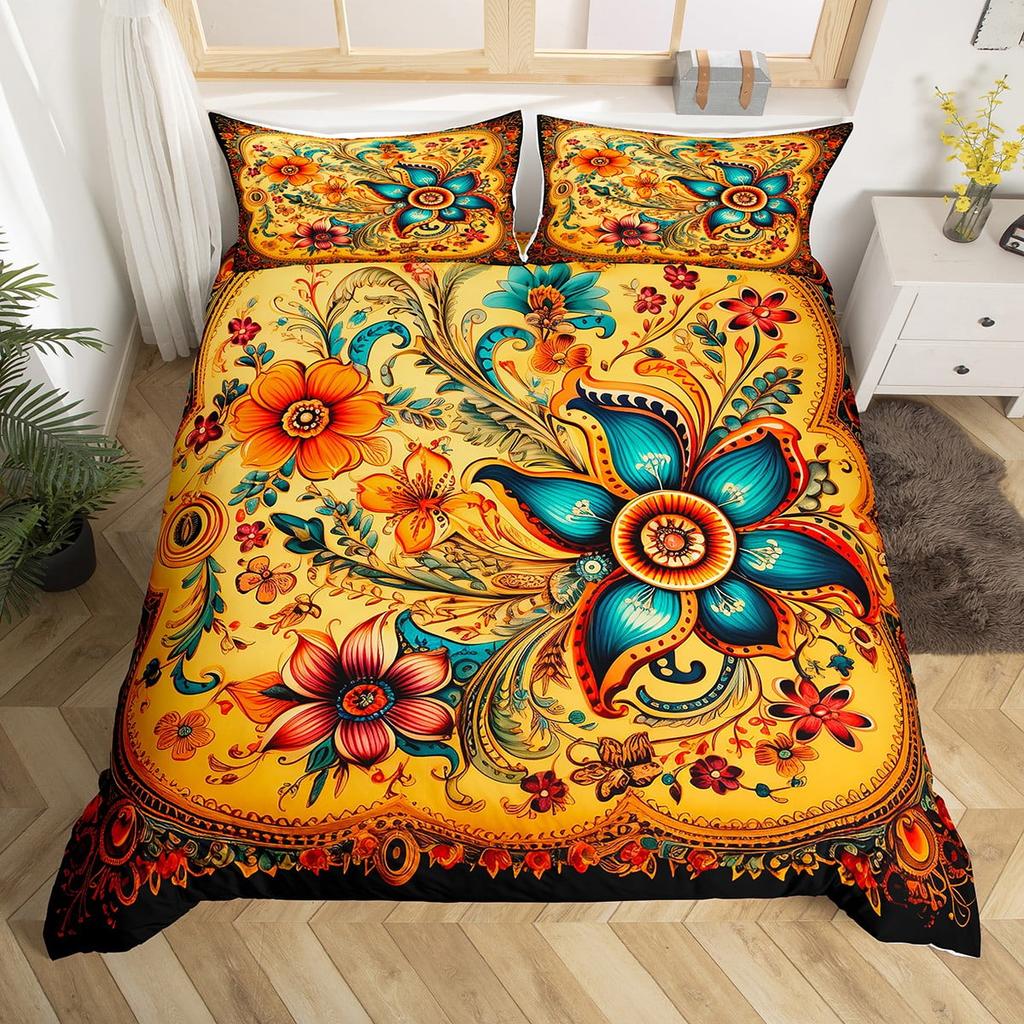 Colorful Flowers Beding Set Boho Paisley Floral Decor Soft Duvet Cover for Women Mothers Day Gifts, Warm Soft plus Breathable Quen