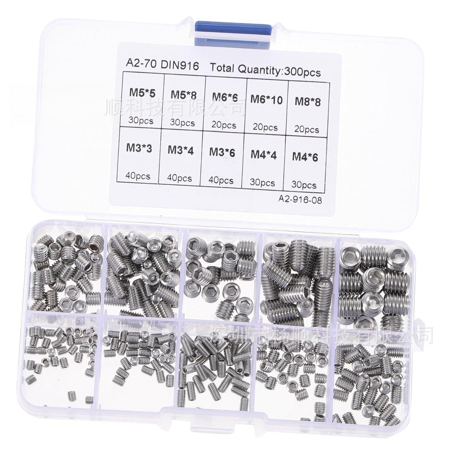 300 pieces per box, 304 stainless steel countersunk head set screws, hexagon head screws, M3-M8 sets