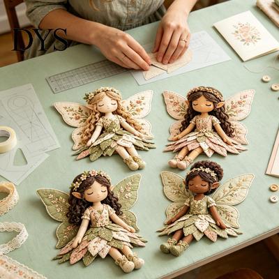 Decoración Artística para el Hogar Manualidad Kit de Patchwork de Hada Mágica, Tela de Flores DIY Costura Hacer Suministros de Manualidades Amigables para Principiantes 4 Muñecas con Alas, Kit