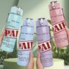 1PC Paid Stamp Text Design 750ml Color Plastic Sports Water Bottle Leakproof Flip Straw Lid Suitable for Sports Office Home Use