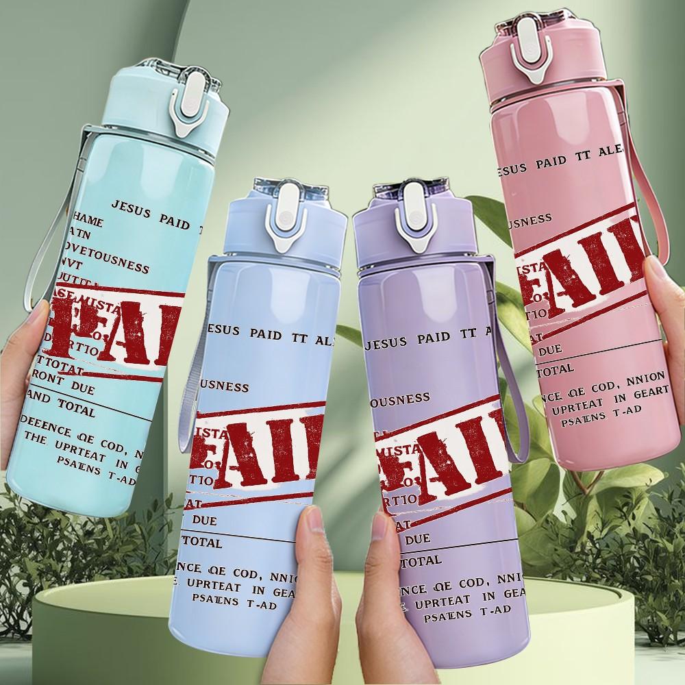 1PC Paid Stamp Text Design 750ml Color Plastic Sports Water Bottle Leakproof Flip Straw Lid Suitable for Sports Office Home Use