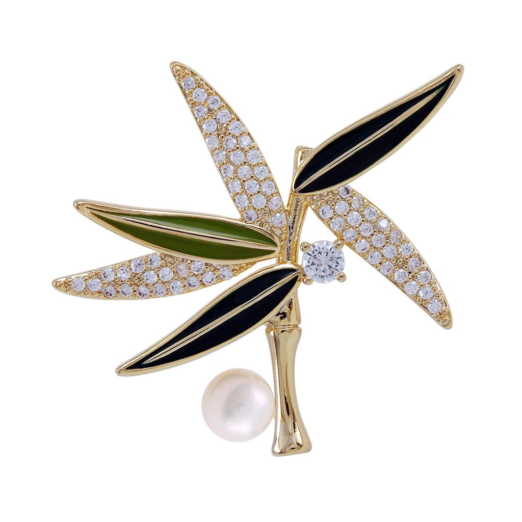 Elegant Chinese Freshwater Pearl & Bamboo Brooch with Zircon Accents - Women's Luxury Suit Accessory