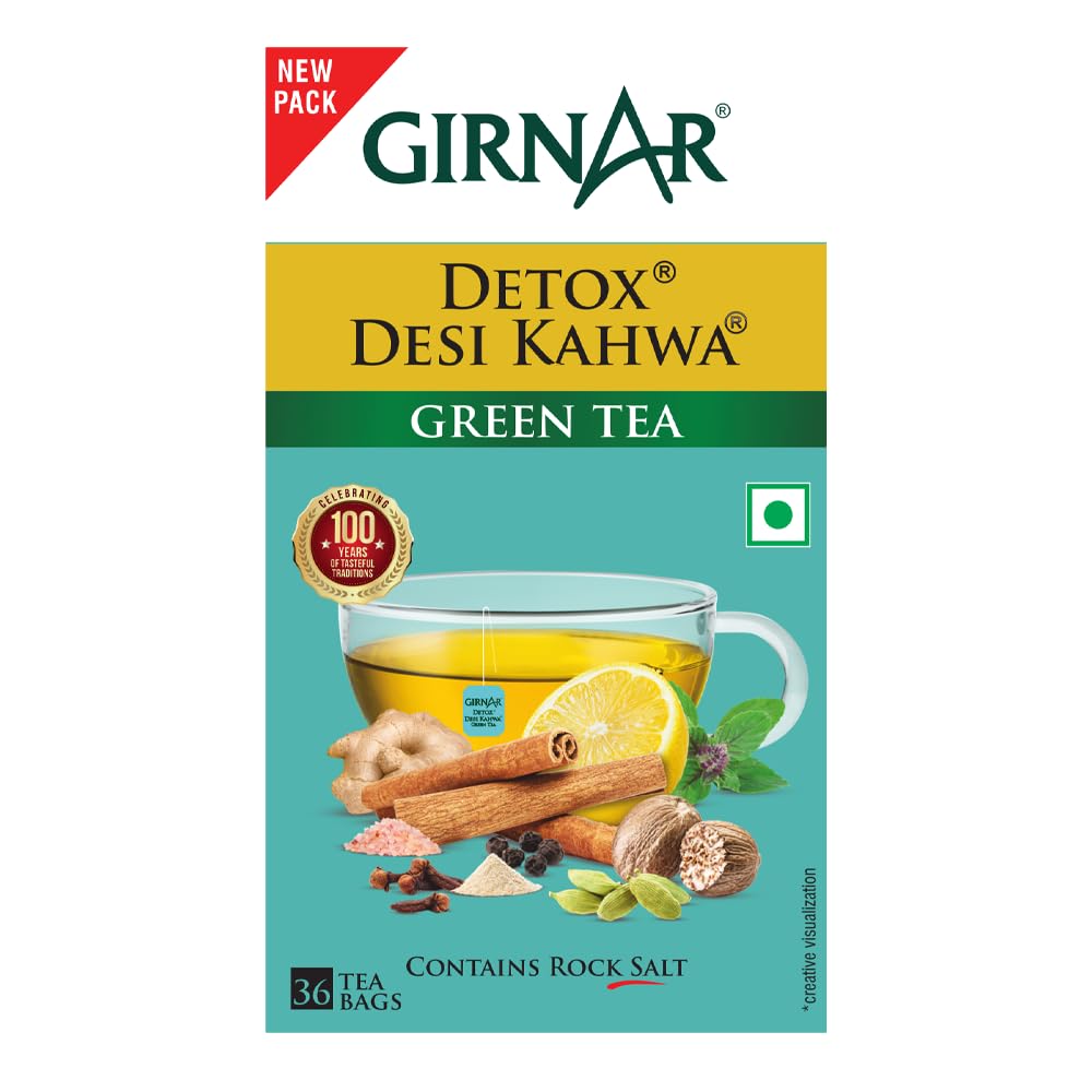 Girnar Detox Green Tea Desi Kahwa 36 Tea Bags 90 gm Low Caffeine Herbal Infusion for Relaxing Moments