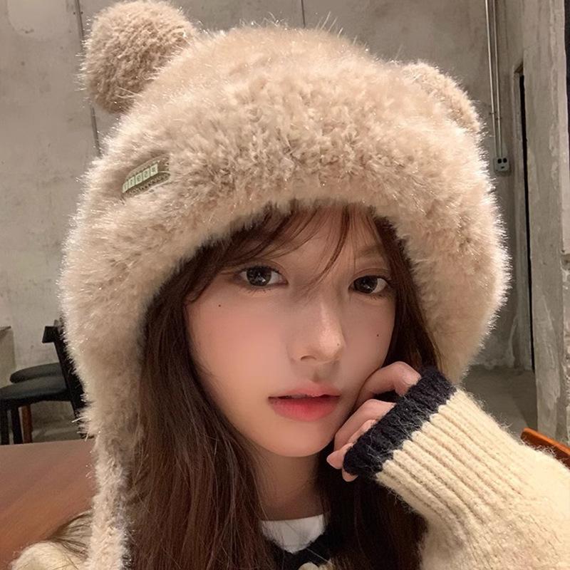 New bear hat women's autumn and winter thickened warm and cold-proof plush hat shows small face knitted wool hat tide