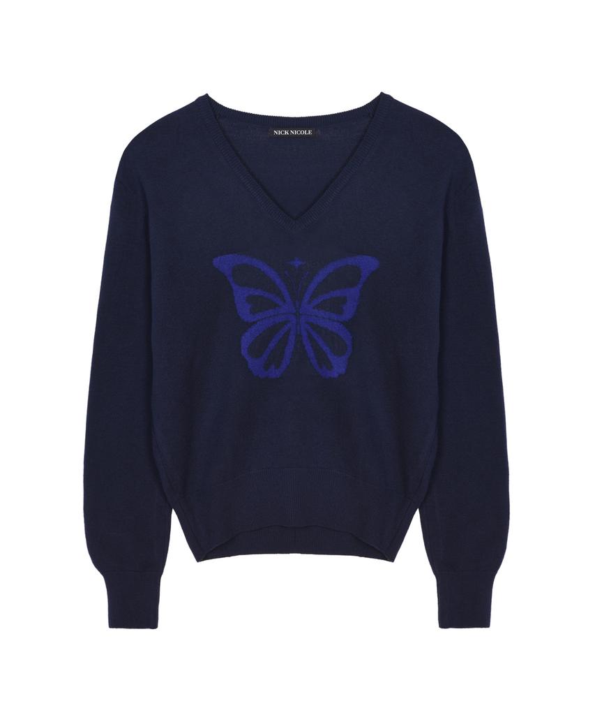 Nigaennikol Butterfly V Neck Jacquard Knit_Navy
