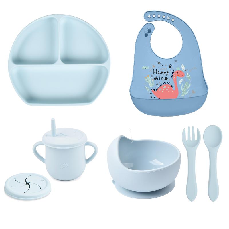 7pcs/set Baby Silicone Tableware Cartoon Printed Bibs Sucker Bowl Plate Cup Spoon Fork Sets Non-slip Children's Dishes BPA Free