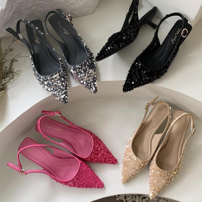 Fashion Bling Women Sandal Fashion Pointed Toe Shallow Slip On Ladies Elegant Slingback Shoes 4cm Med Heel Pumps Shoes