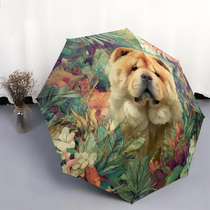 Chow Chow and Leaves Pattern, Automatic Folding Umbrella, Portable and Foldable Design, 8 Ribs, a Christmas or Birthday Gift.