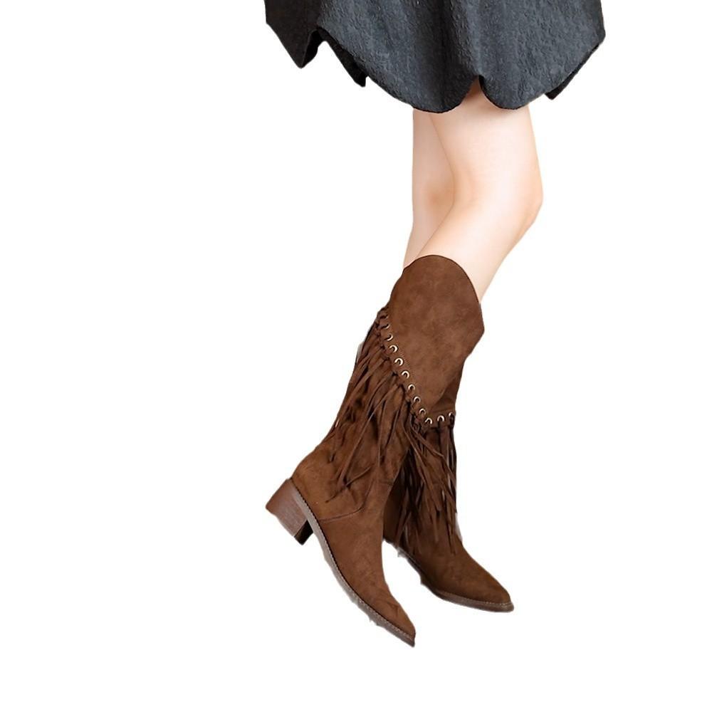 Stylish 2024 Fall Winter Black And Dark Brown Women's High Shaft Fringe Suede Knight Boots With Side Zipper Design