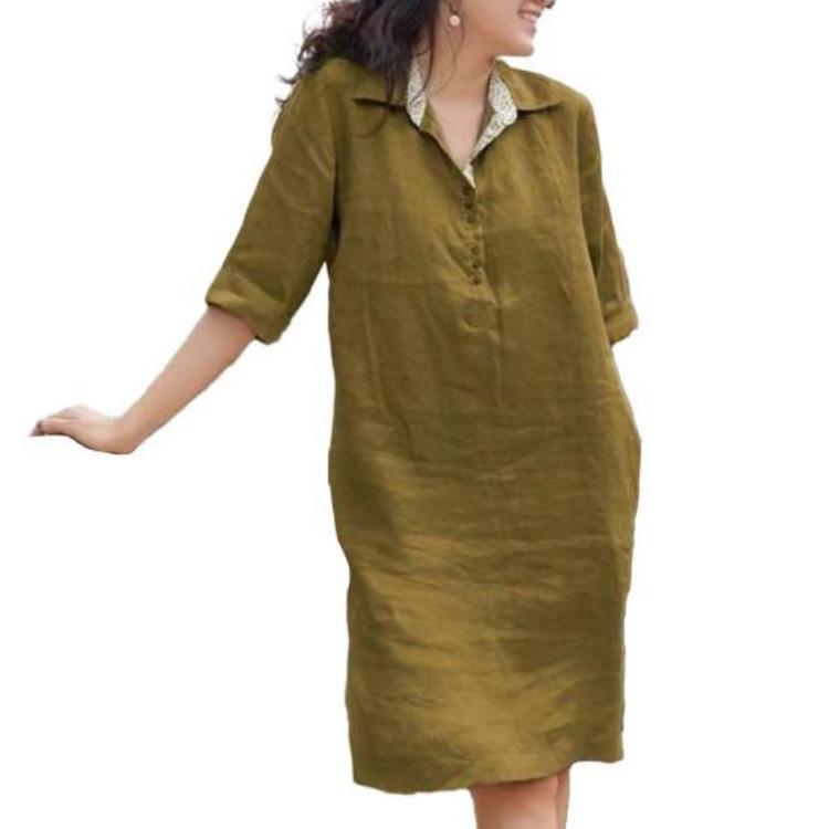 Summer Casual Soft A-line Midi Dress Women Lapel Knee Length Loose Three Quarter Sleeves Solid Color Spring Summer Dress