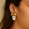 Flower Dripping Oil Skull Earrings Rhinestone Enamel Skeleton Stud Earrings Vintage Earring  Autumn