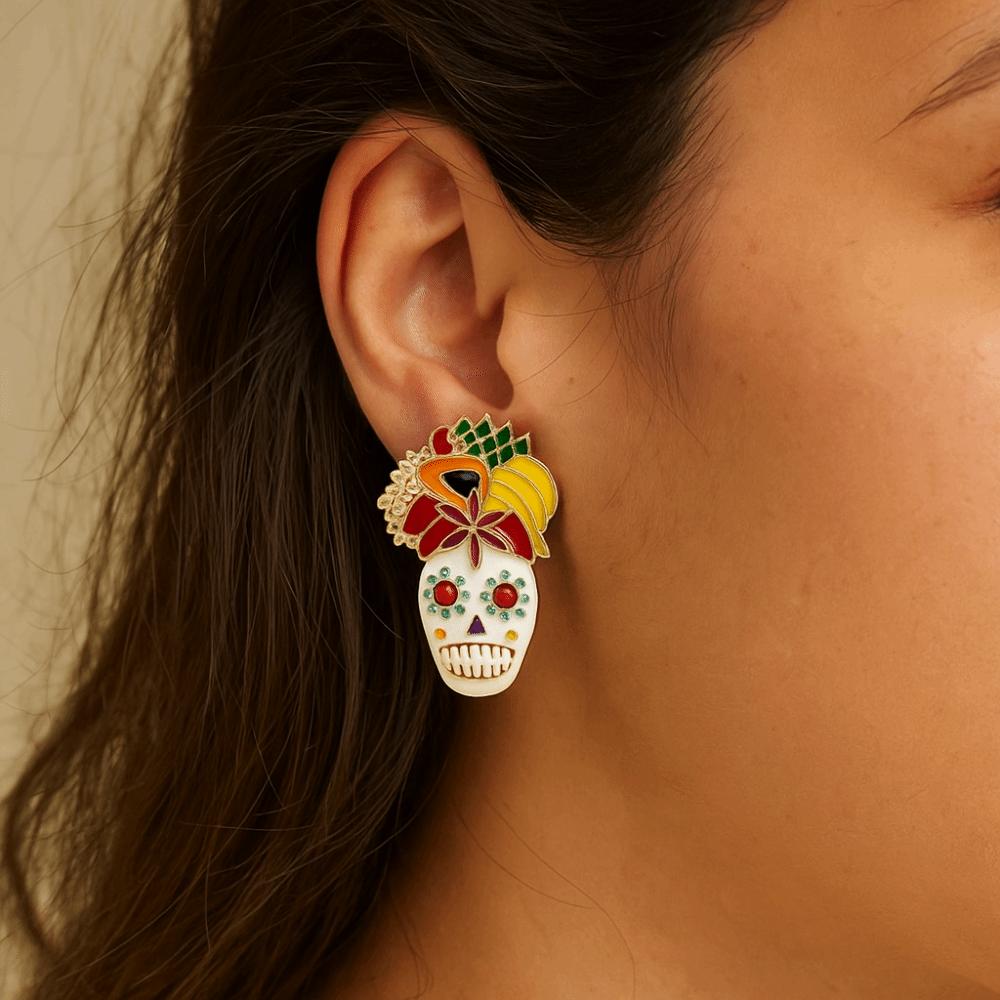 Flower Dripping Oil Skull Earrings Rhinestone Enamel Skeleton Stud Earrings Vintage Earring  Autumn
