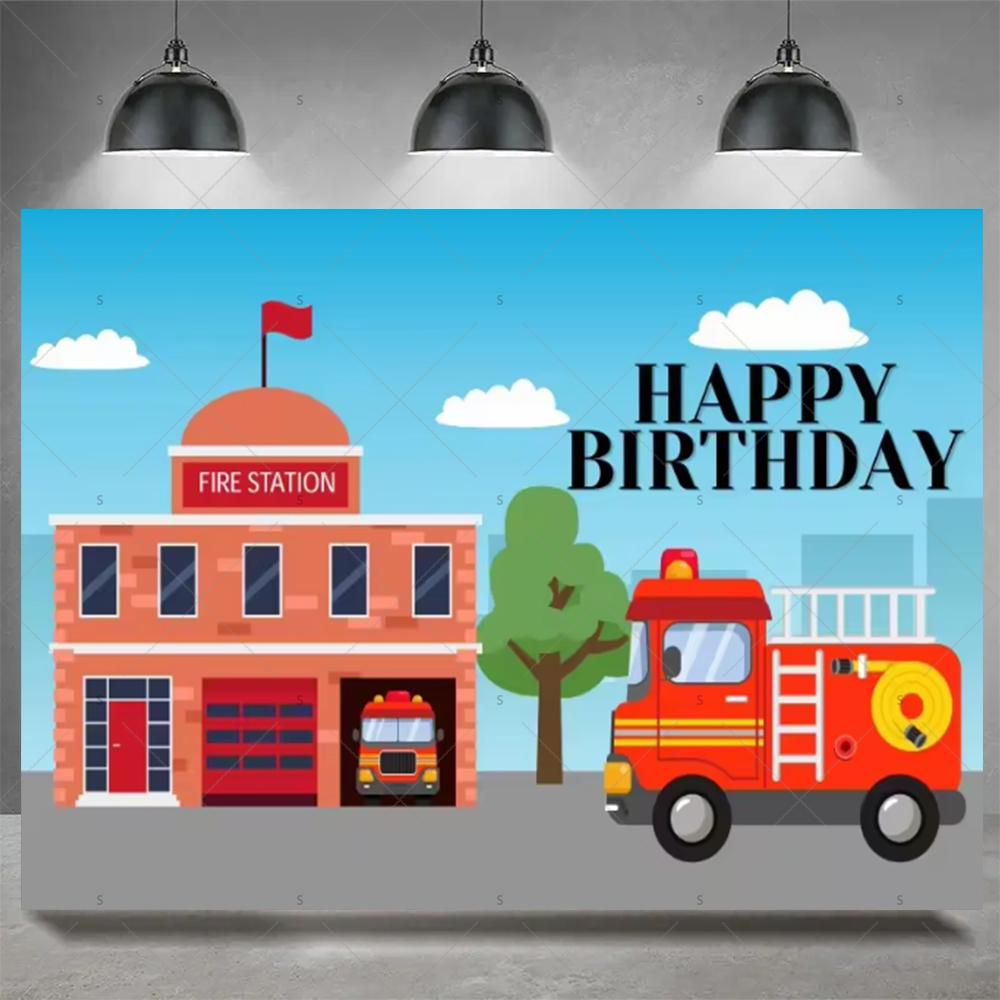 Firefighter Firetruck Theme BackgroundRed Fire Truck Children Boy Birthday Party Decor Baby Shower Photography Backdrop Props