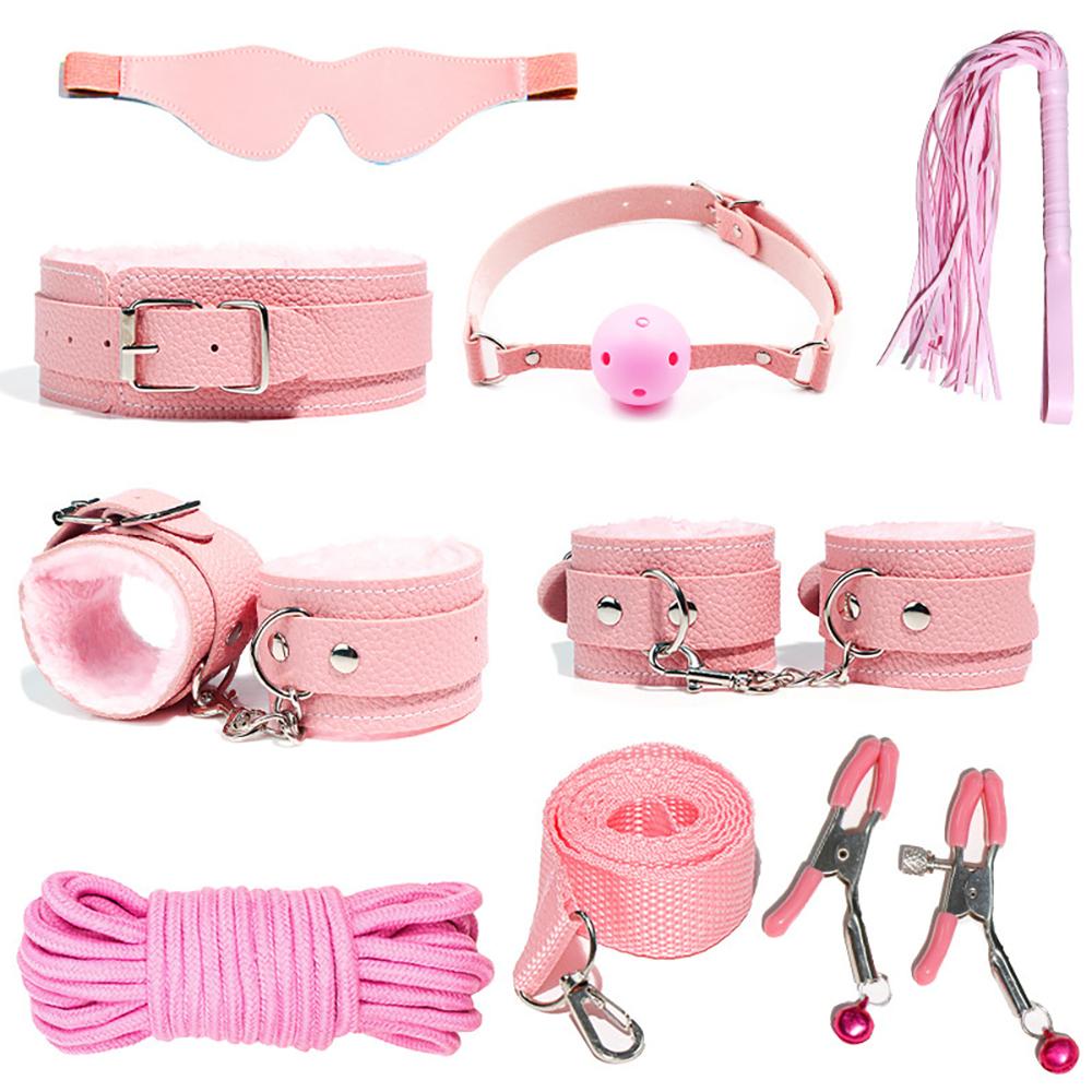 Sex Toys Kits for Couples PU Sex Bondage Set Handcuffs Sex Games Whip Gag Shackles Collar Fluff Stick Nipple Clamp For