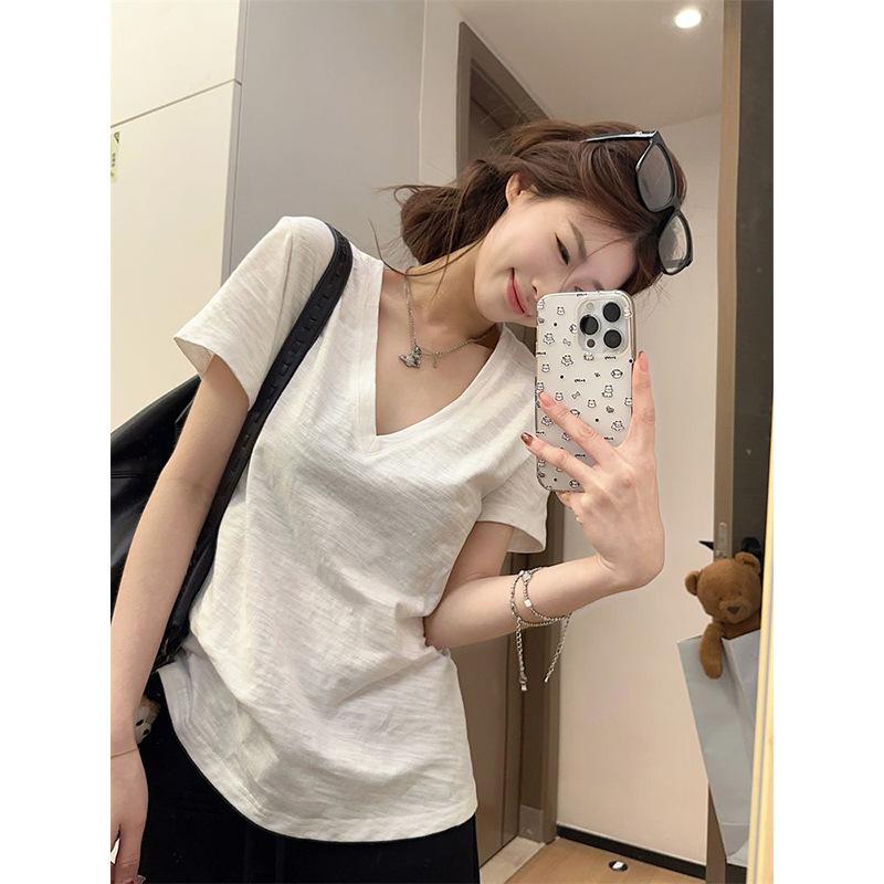 White V-neck bamboo cotton short-sleeved women's summer casual loose and comfortable bottoming top simple and versatile basic T-shirt