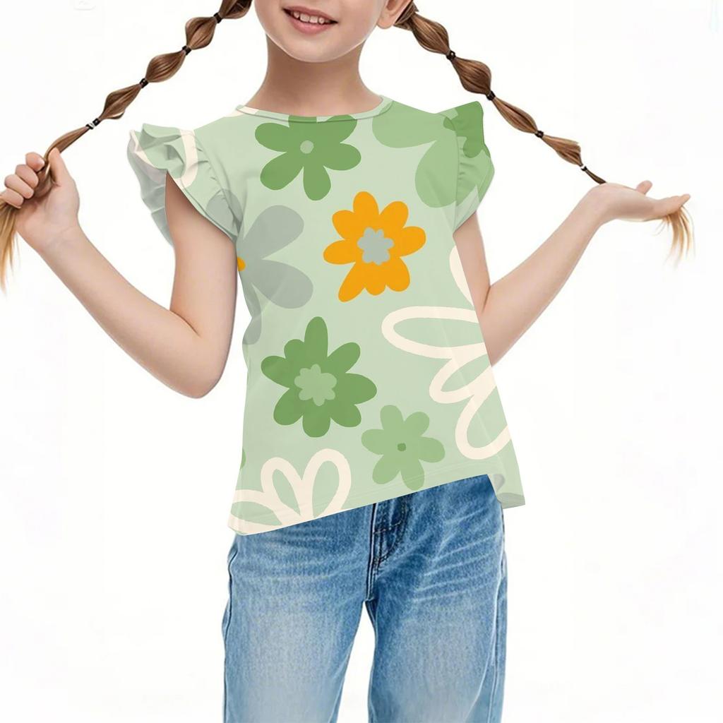 Children's Casual Short-Sleeved Pleated Cute Floral Printed Round-Neck Top