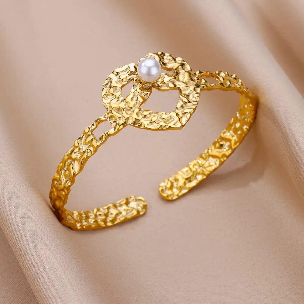 Artificial Green Stone Stainless Steel Cuff Bracelet for Women Gold Color Bangle Bracelets Female Vintage Jewelry Accessories