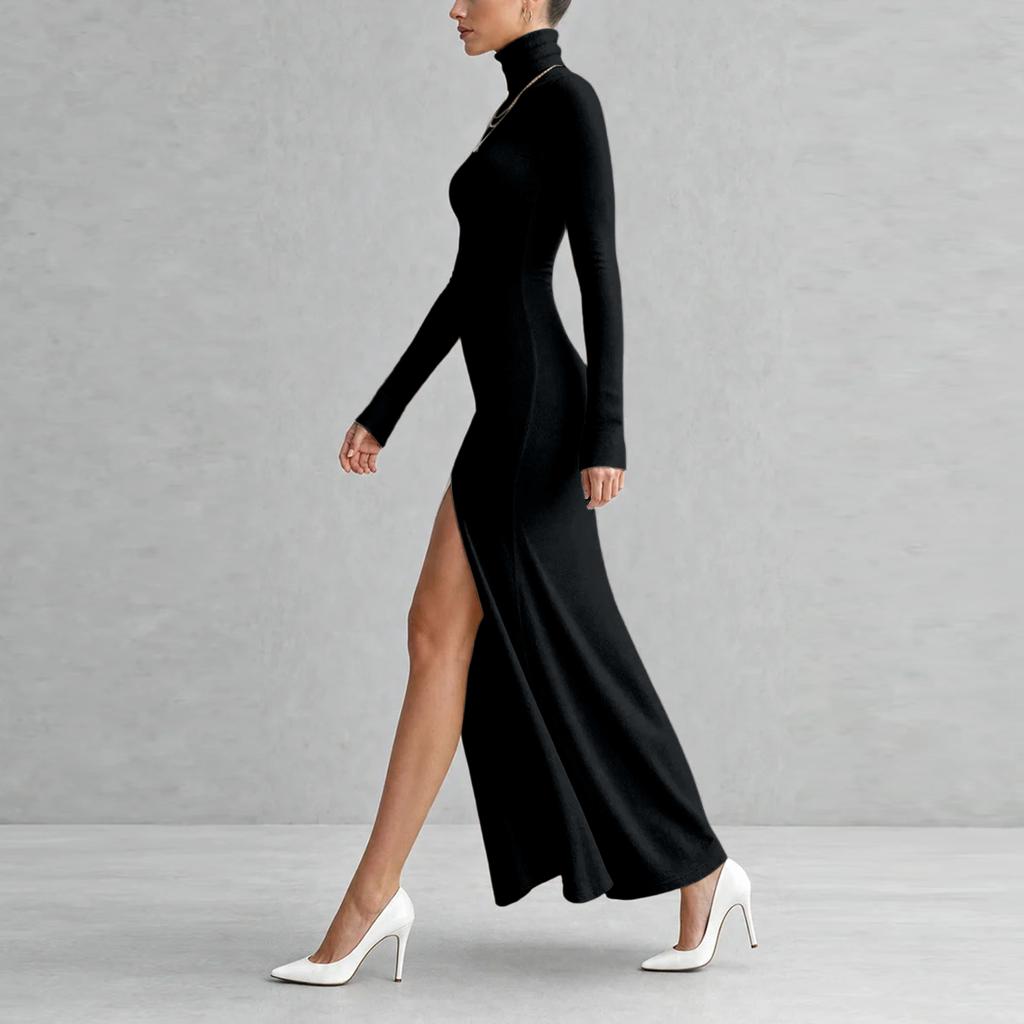 Women's Casual Long Sleeve Color Side Slit Dress