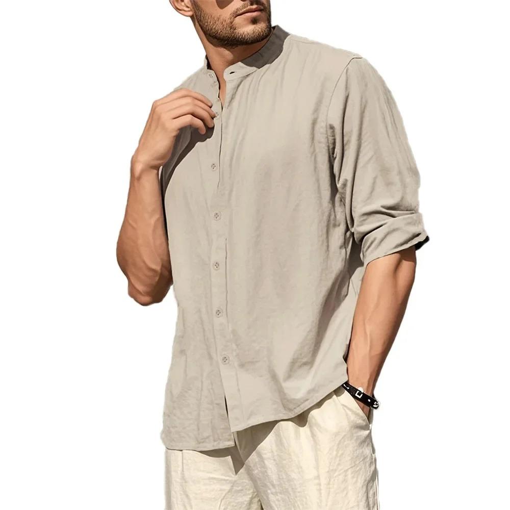 

Мужская хлопково-льняная рубашка с длинным рукавом, хенли, весна-осень, повседневный свободный крой, дышащая, базовый стиль, с длинным рукавом, мужские рубашки S