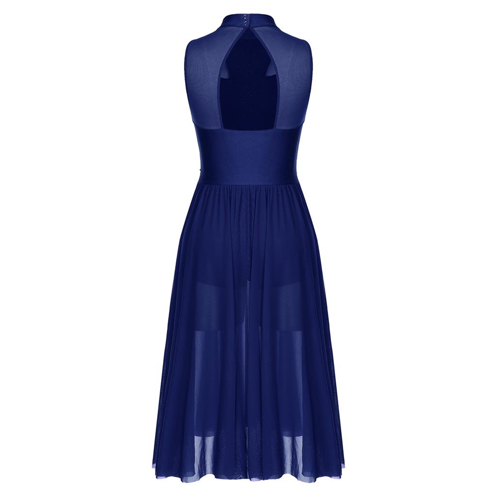 Damen Funkelndes Strass-Ärmelloses Kleid Mit Stehkragen Schlüsselloch am Rücken Seitenschlitz Performance Tanzkostüm