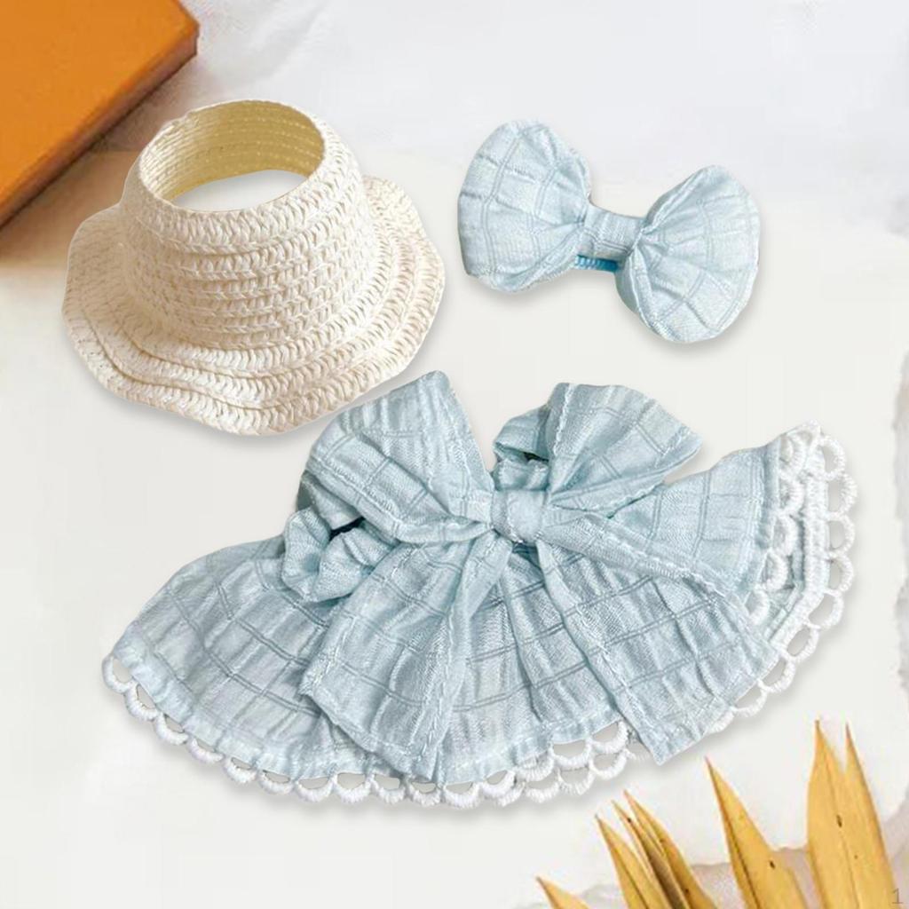 3 Pieces Dolls Dress with Hat Bow Hairpin Outfits Handmade Clothing for 15-17cm