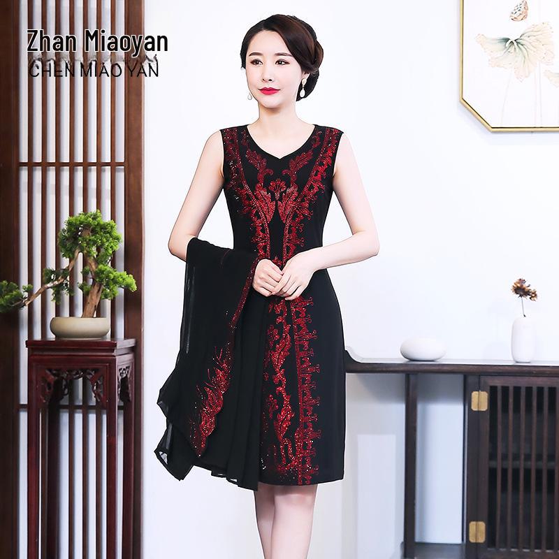 Chiffon Two-Piece Dress for Middle-Aged and Elderly Women - Stylish Mother's Spring/Summer Outfit