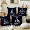 Vintage Nautical Pillow Covers, Ship Bell Wheel Double-Sided Printed Throw Pillow Cases, Coastal Home Decor Cushion Covers