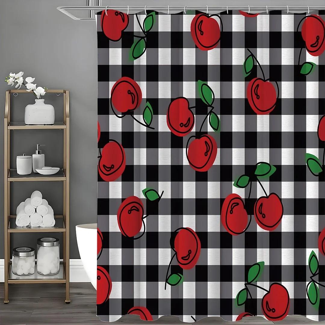 

YXRed Cherry Black and White Checkered Shower Curtain, Bathroom Decorative Shower Curtain, Waterproof Shower Curtain with Hooks W90xH180cm
