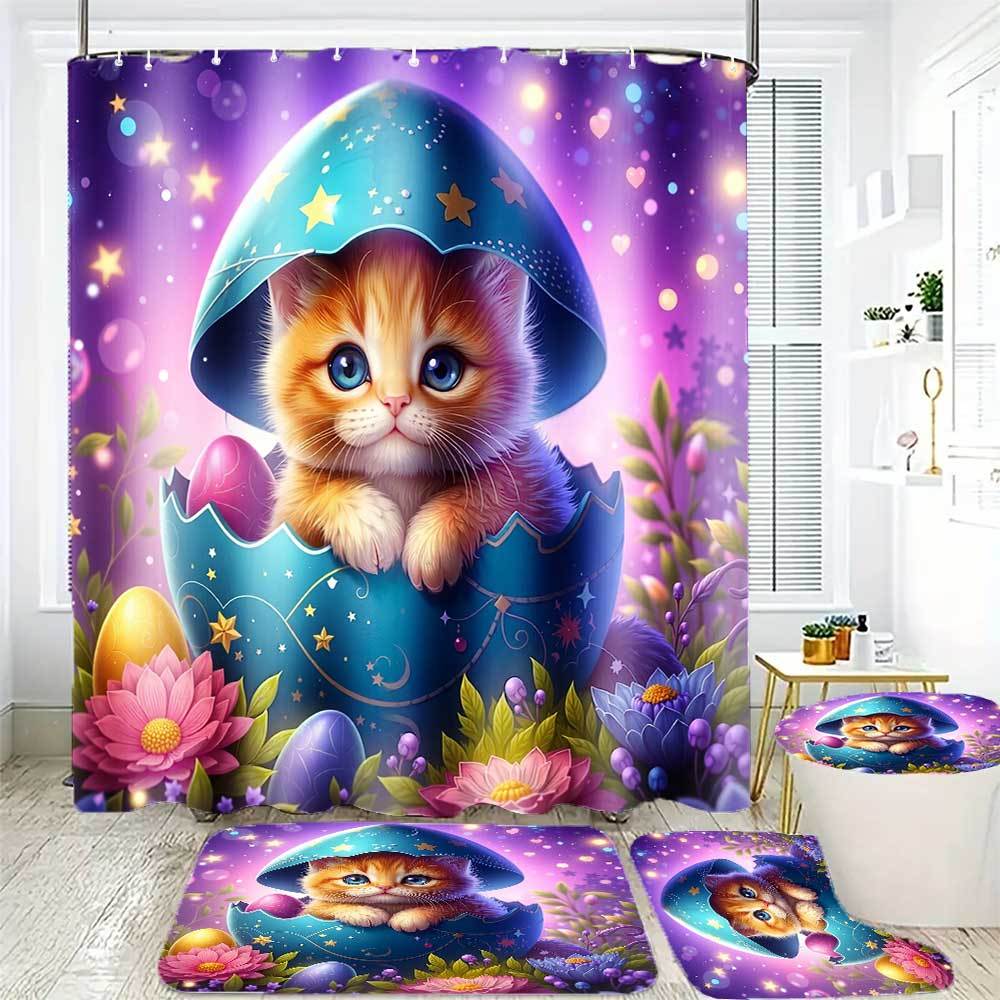 4Pcs Easterthemed Shower Curtain Set with Non-Slip Bath Mat, Toilet Lid Cover, Contour Rug & 12 Hooks, Bathroom Decor